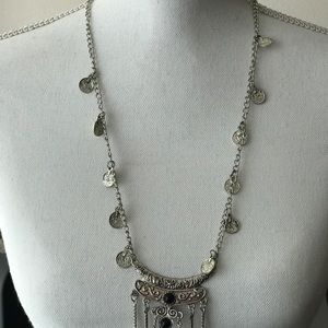 Silver and black drop medallion chained necklace
